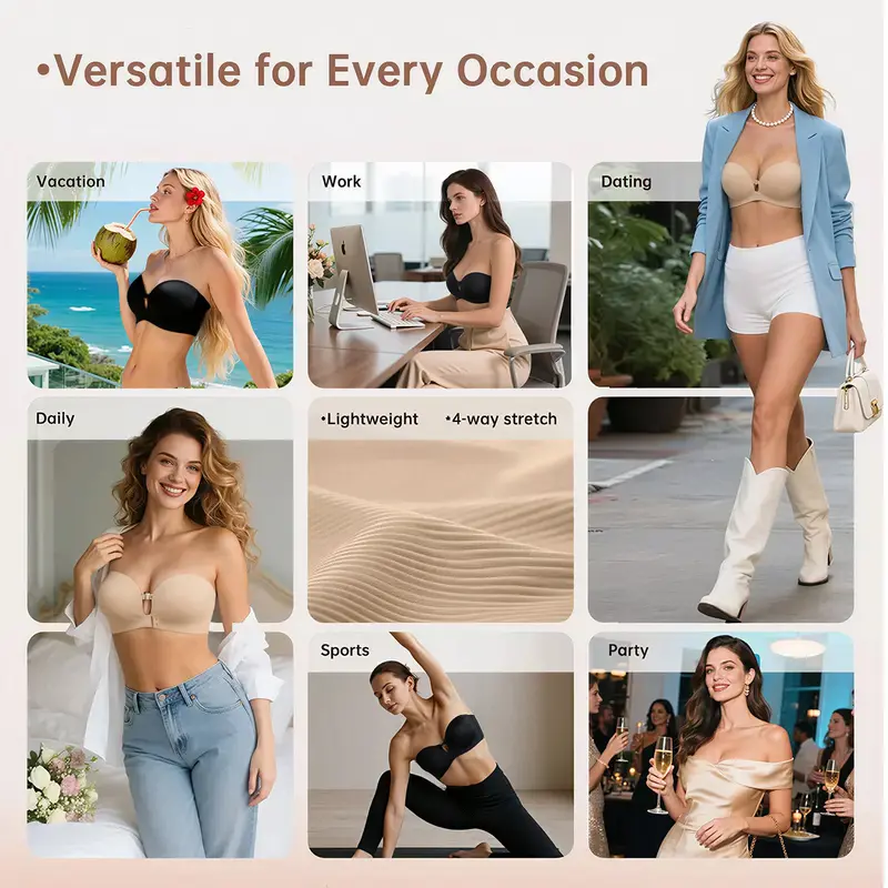 Womens Strapless Front Closure Bra Push Up Lift Bra Padded Add Cup Non Slip Anti-Slip Grip Wireless Supportive Seamless Comfortable Tube Jelly Bra A B C Cup